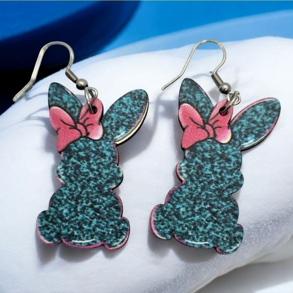 Pink Bow Teal Easter Bunny Rabbit Earrings Spring Wood Dangle Womens Jewelry NEW